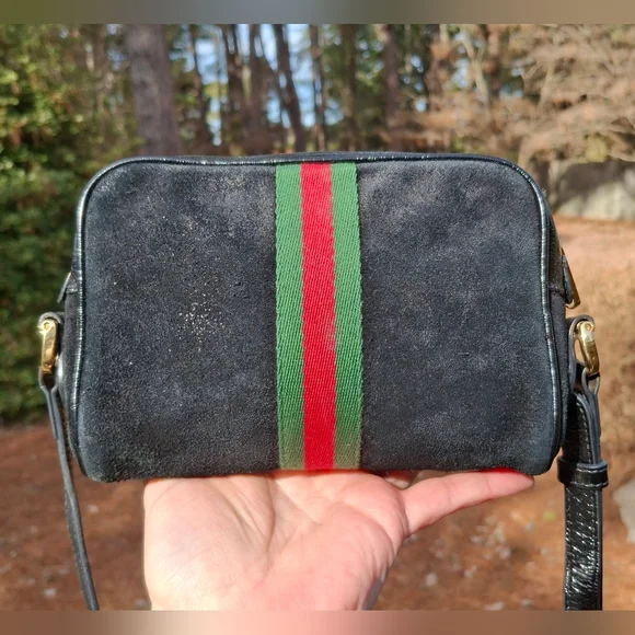 Gucci Black Suede Patent Leather Web Mini Ophidia Shoulder Crossbody Bag